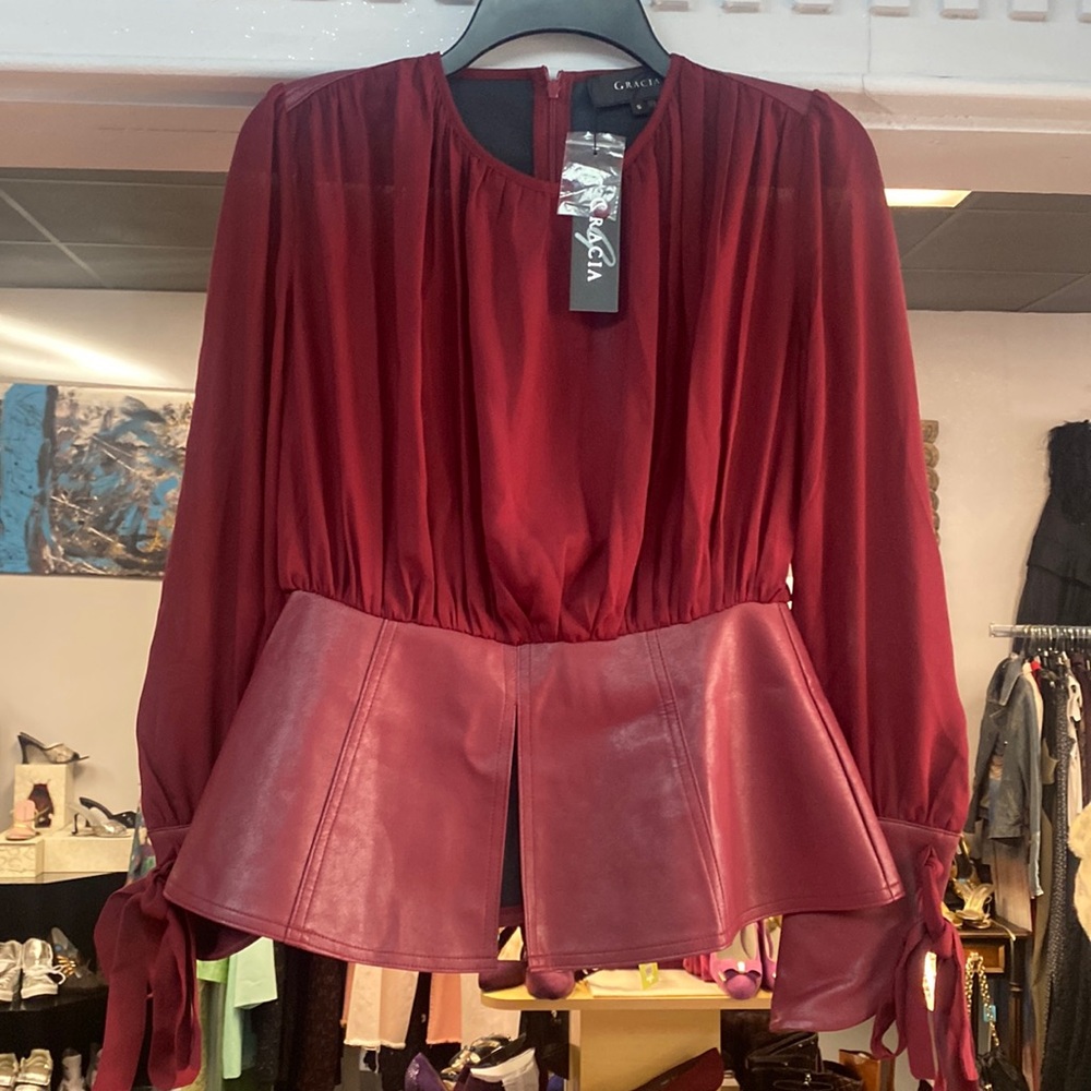 Gracia Red Peplum Faux Leather Trim Top